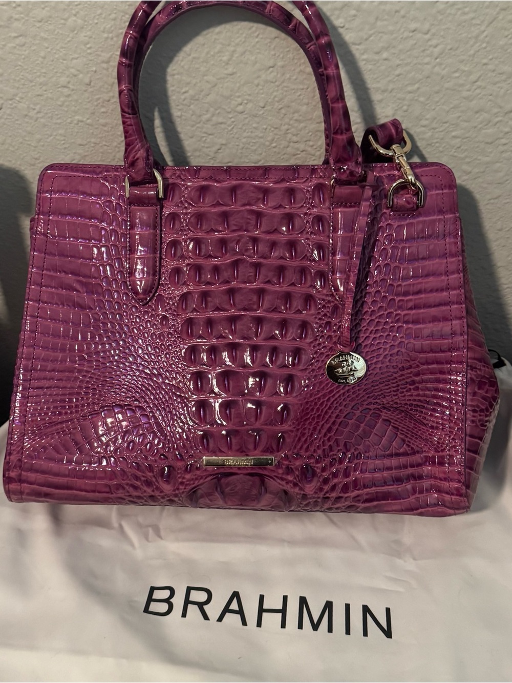 Brahmin Magenta Croc-Embossed Satchel with Removable Strap